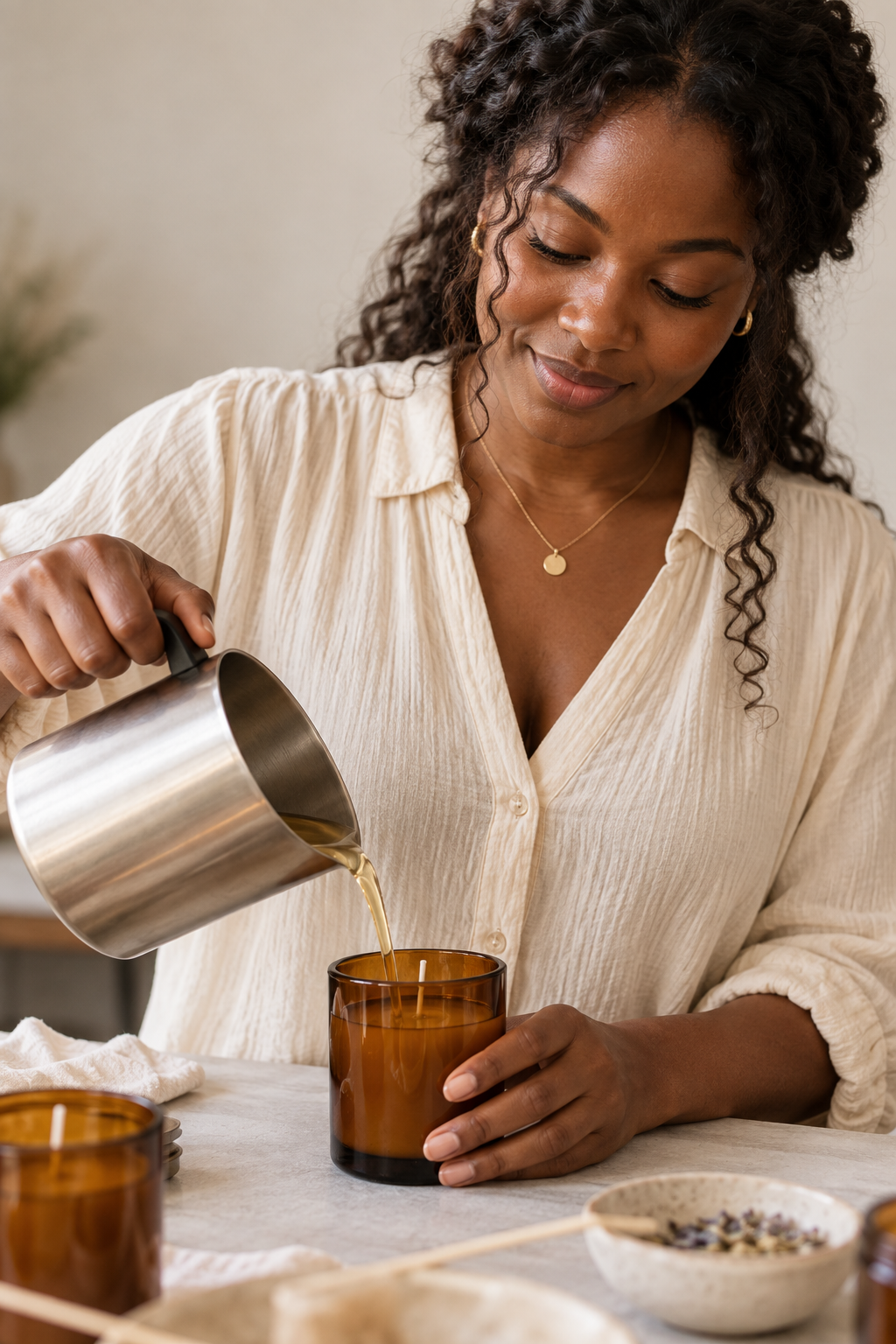 Illustrative photograph of a Black woman pouring wax into a candle jar